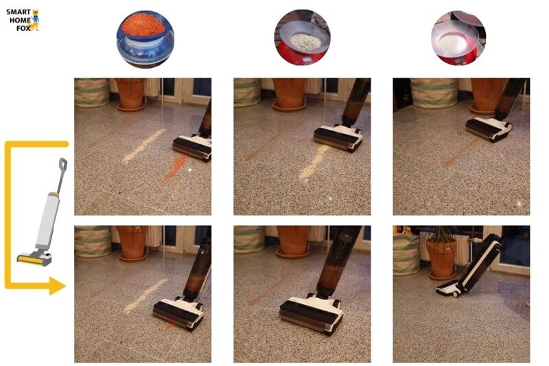 Man sieht, wie der Tineco Floor One S5 Combo trockene Verschmutzungen von einem Fliesenboden entfernt.